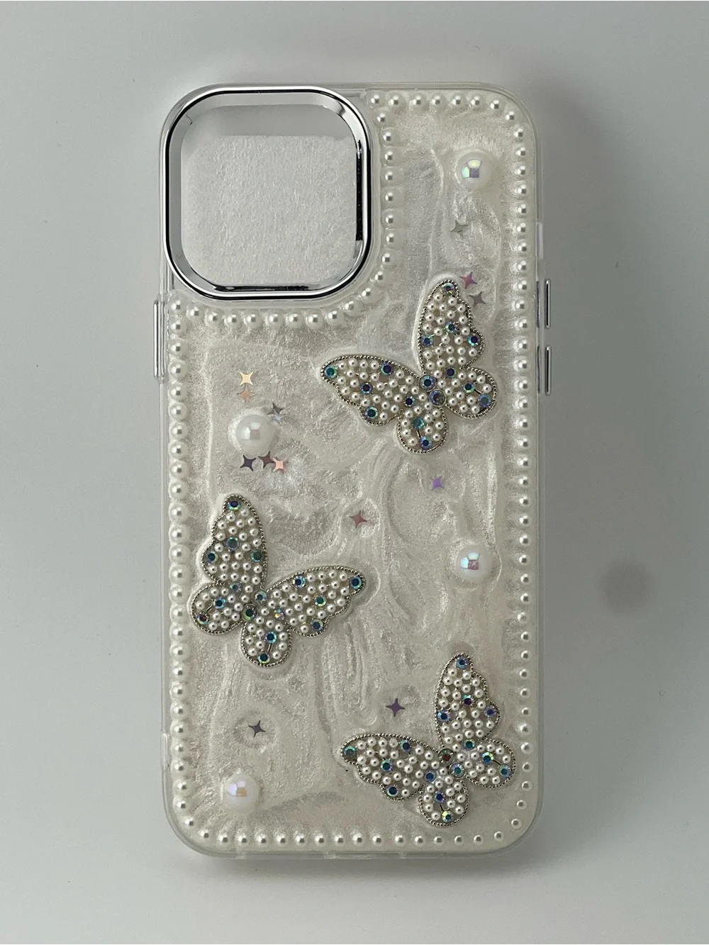 Stylish Pearl Butterfly Phone 13 pro max Case - White